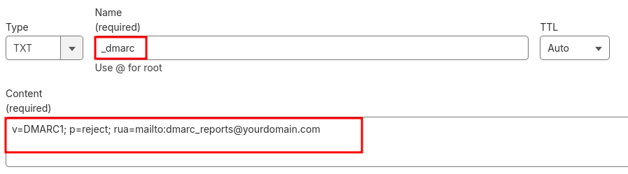 DNS management page adding DMARC txt record