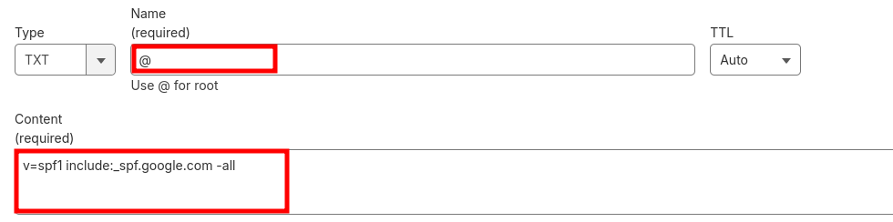 DNS management page with SPF TXT record input fields highlighted